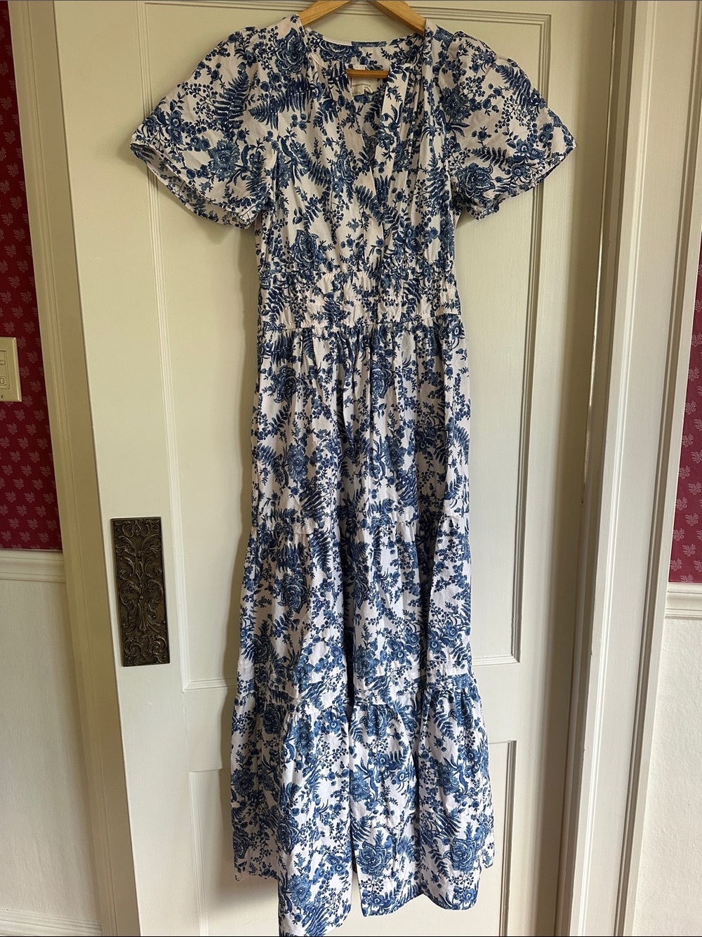 Anthropologie White and Blue Floral Tiered Dress